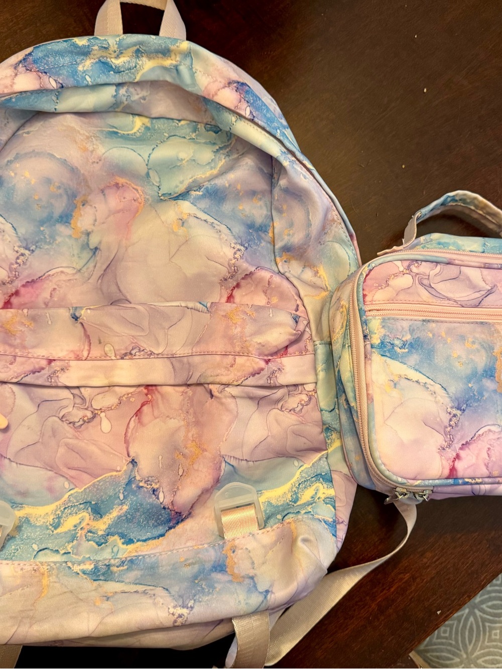 Pastel Marble Kids Backpack and Lunch Bag Set - Pink Blue Cream